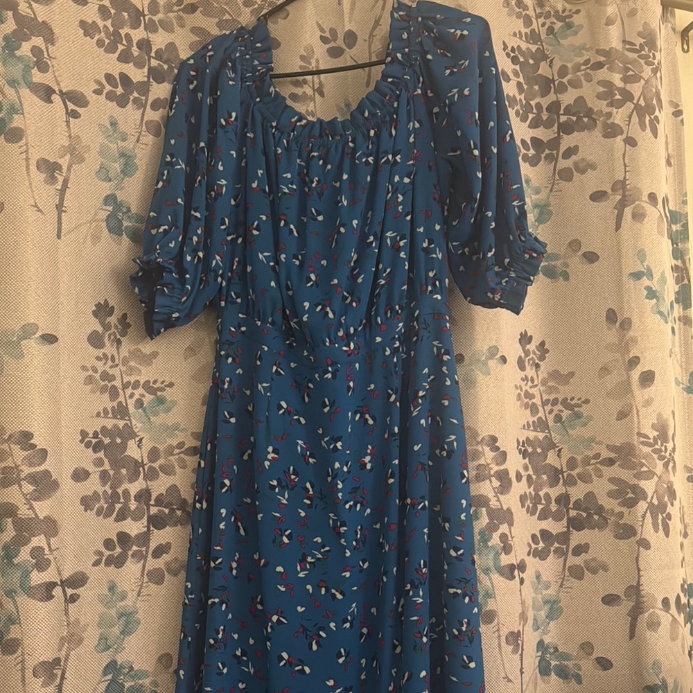 Vibrant Blue Sundress with Bishop Sleeves and Scoop Neck